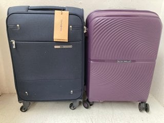 SAMSONITE CABIN SIZED 4 WHEELED SUITCASE IN BLACK TO INCLUDE BRITISH TRAVELLER CABIN SIZED WHEELED SUITCASE IN PURPLE: LOCATION - H5