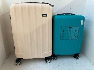 KONO MEDIUM SIZED HARDSHELL WHEELED SUITCASE IN CREAM TO INCLUDE LUGG CABIN SIZED HARDSHELL WHEELED SUITCASE IN GREEN: LOCATION - H4