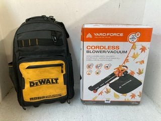 YARDFORCE CORDLESS BLOWER VACUUM TO INCLUDE DEWALT TOOL BAG: LOCATION - H4