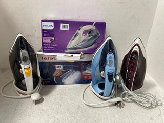 5 X ASSORTED IRONS TO INCLUDE PHILIPS STEAMGLIDE PLUS STEAM IRON: LOCATION - H1