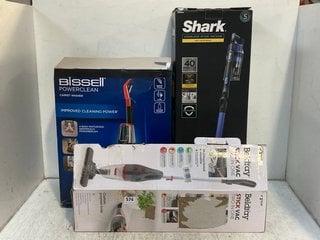 SHARK ANTI HAIR WRAP CORDLESS VACUUM - MODEL: IZ202UK TO INCLUDE BELDRAY STICK VAC TWO IN ONE VACUUM CLEANER AND BISSELL POWERCLEAN CARPET WASHER: LOCATION - G6