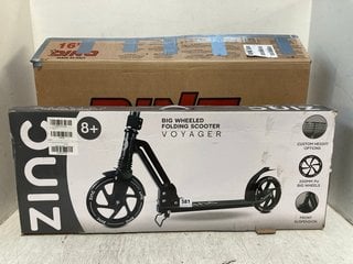 ZINC BIG WHEELED FOLDING SCOOTER TO INCLUDE CHILDRENS DINOSAUR BIKE: LOCATION - G6