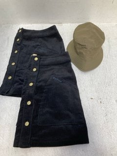 2 X BARBOUR LADIES TA LUCIA CORD SKIRTS IN BLACK- UK SIZES 8 & 18 TO INCLUDE BARBOUR SUMPOP HAT IN KHAKI: LOCATION - G8