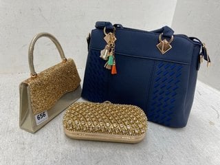 3 X ASSORTED LADIES BAGS TO INCLUDE GOLD SPARKLY CLUTCH BAG: LOCATION - G11