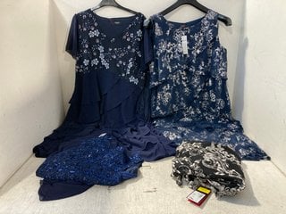 4 X KLASS WOMENS CLOTHING IN VARIOUS DESIGNS & SIZES TO INCLUDE LAYERED FRILL NAVY DRESS WITH SILVER DETAIL - UK SIZE 18: LOCATION - WH2