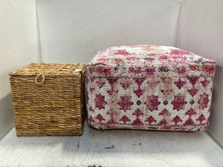 JOHN LEWIS & PARTNERS SQUARE WOVEN STORAGE TRUNK IN NATURAL TO ALSO INCLUDE JOHN LEWIS & PARTNERS DISTRESSED MEDALLION POUFFE IN MULTI - SIZE 60X60X35CM: LOCATION - F9