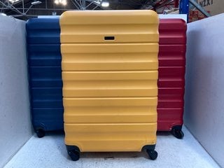 3 X JOHN LEWIS & PARTNERS 4 WHEELED HARD SHELL LARGE SUITCASES IN NAVY RED & YELLOW: LOCATION - F8