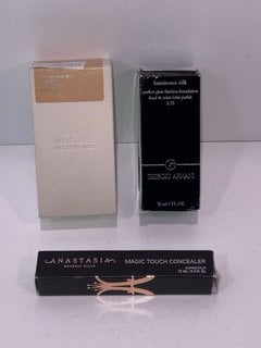 GIORGIO ARMANI 30ML LUMINOUS SILK FOUNDATION TO INCLUDE ANASTASIA BEVERLY HILLS MAGIC TOUCH CONCEALER TO INCLUDE HAUS LABS TRICLONE SKIN TECH FOUNDATION 30ML - COMBINED RRP £115: LOCATION - TABLE 1