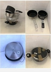 4 X ASSORTED JOHN LEWIS PANS TO INCLUDE BLACK/MARBLE CASSEROLE DISH WITH LID