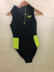 SPEEDO WETSUIT MATERIAL WOMENS SWIM SUIT IN BLACK AND NEON GREEN SIZE 12