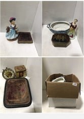 A BOX OF VINTAGE ITEMS TO INCLUDE FIGURES AND A MANTEL CLOCK MOVEMENT