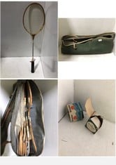 AN ANTIQUE SPORTS BAG CONTAINING BADMINTON RACKETS