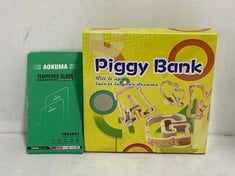 PALLET OF ASSORTED ITEMS TO INCLUDE WOODEN PIGGY BANK (KERBSIDE PALLET DELIVERY)