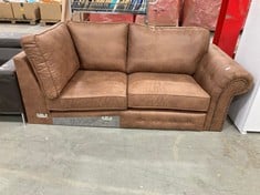 2 SEATER END SOFA PART IN BROWN (PART ONLY) TO INCLUDE 3 SEATER SOFA IN DARK BROWN LEATHER (MISSING CUSHIONS)