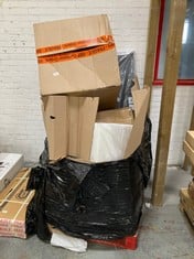 PALLET OF ASSORTED ITEMS TO INCLUDE 2 LARGE BLACK POT PLANTERS (KERBSIDE PALLET DELIVERY)