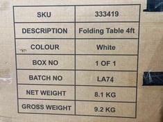 PALLET OF ASSORTED ITEMS TO INCLUDE 4FT FOLDING TABLE IN WHITE (KERBSIDE PALLET DELIVERY)