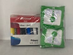 PALLET OF ASSORTED ITEMS TO INCLUDE AMSTERDAM PRIMARY SET OF 5 ACRYLICS (KERBSIDE PALLET DELIVERY)