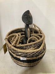 3 PIECE WICKER BASKET SET BLACK / NATURAL TO INCLUDE INDONESIN SMALL HANDCRAFTED WOODEN STATUE FIGURE