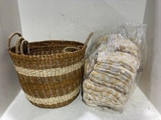 3 PIECE WOVEN STORAGE BIN WITH HANDLES NATURAL / BEIGE TOO INCLUDE QTY OF ASSORTED SIZE BATH TOWELS YELLOW / WHITE MOTIF