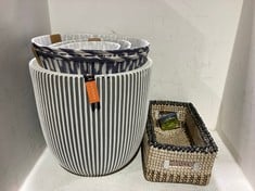 QTY OF ASSORTED ITEMS TO INCLUDE 2 PIECE BEADED WOVEN STORAGE BASKET NATURAL / WHITE