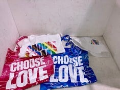 BOX OF ASSORTED THEMED TOTE BAGS.HATS TO INCLUDE ONE LOVE TOT BAG IN CREAM