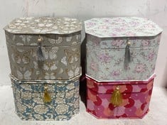 4 X STORAGE BOXES TO INCLUDE BUTTERFLY MOTIF GREY/GOLD STORAGE BOX