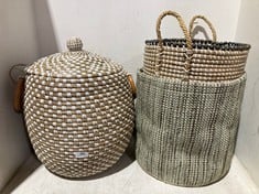 3 X ASSORTED STORAGE BASKETS TO INCLUDE VIETNAMESE HANDCRAFTED WICKER BASKET