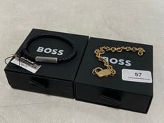 2 X BOSS BRAIDED LEATHER BLACK & STAINLESS STEEL GENTS BRACELET