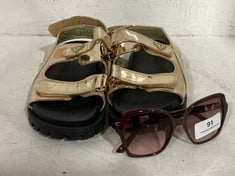 GUESS FABULA FLAT GOLD STRAP SANDALS IN SIZE UK 4 1/2 TO INCLUDE GUESS BURGUNDY SQUARE SUNGLASSES