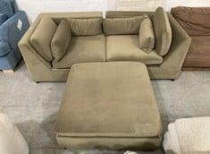 2 SEATER SOFA IN OLIVE GREEN VELVET TO INCLUDE LARGE SQUARE FOOTSTOOL IN OLIVE GREEN VELVET (ZONE 1)