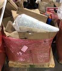 PALLET OF ASSORTED ITEMS TO INCLUDE BLACK WOODEN FLAT PACK FURNITURE TO INCLUDE SINGLE ROLLED MEMORY FOAM MATTRESS TOPPER (ZONE 3) (KERBSIDE PALLET DELIVERY)