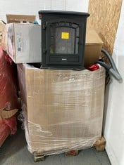 PALLET OF ASSORTED ITEMS TO INCLUDE BELDRAY TURBO SWIVEL CORDED VACUUM CLEANER IN ROSE GOLD TO INCLUDE BELDRAY TERESINA ELECTRIC STOVE IN BLACK - MODEL NO. EH2996 (ZONE 4) (KERBSIDE PALLET DELIVERY)