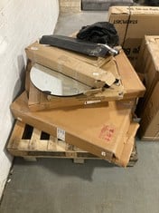 PALLET OF ASSORTED ITEMS TO INCLUDE BLACK ROUND SMALL SIZED WALL HUNG MIRROR (ZONE 4) (KERBSIDE PALLET DELIVERY)