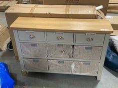 3 DRAWER 6 BASKET SMALL SIDEBOARD IN GREY WITH AN OAK TOP