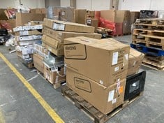 3 X PALLETS OF ASSORTED SMASHED / BROKEN APPLIANCES TO INCLUDE ELECTRIQ 90CM ANGLED COOKER HOOD IN BLACK - MODEL NO. EIQ90ANSLIMBK (SPARES AND REPAIRS) (COLLECTION ONLY) (SALEROOM 40)