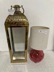 PINK TRANSPARENT TABLE LAMP WITH NATURAL FABRIC SHADE TO INCLUDE LARGE LANTERN IN GOLD - TOTAL LOT RRP �150 (SALEROOM 40) (COLLECTION ONLY)