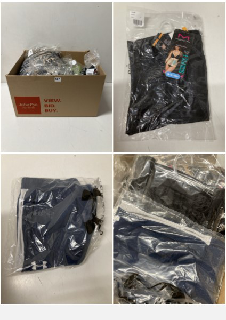 BOX OF ITEMS TO INCLUDE UNDER ARMOUR TRACK PANTS IN NAVY SIZE MEDIUM