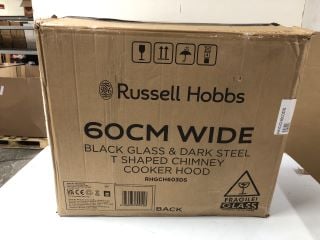 RUSSELL HOBBS 60CM BLACK GLASS & DARK STEEL T SHAPED CHIMNEY COOKER HOOD