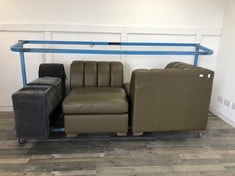 GREEN LEATHER SOFA PARTS + GREY FABRIC CUP HOLDER SOFA PART: LOCATION - FLOOR(COLLECTION OR OPTIONAL DELIVERY AVAILABLE)