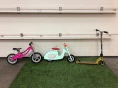 2 X BALANCE BIKES & GOLD/SILVER PRO STUNT SCOOTER: LOCATION - FLOOR(COLLECTION OR OPTIONAL DELIVERY AVAILABLE)