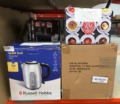 QUANTITY OF ITEMS TO INCLUDE RUSSELL HOBBS BRUSHED STAINLESS STEEL ELECTRIC 1.7L CORDLESS KETTLE (QUIET & FAST BOIL 3KW, REMOVABLE WASHABLE ANTI-SCALE FILTER, PUSH BUTTON LID, PERFECT POUR SPOUT) 204