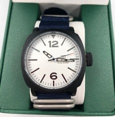 MENS FRANK SCHMIDT WATCH-LARGE BLACK CASE-WHITE PILOT DIAL-BLUE FABRIC STRAP-3ATM WATER RESISTANT-GIFT BOX INCLUDED-EST £290: LOCATION - A RACK