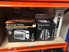 QUANTITY OF ITEMS TO INCLUDE RUSSELL HOBBS 2 SLICE TOASTER WITH PERFECT TOAST TECHNOLOGY FOR IMPROVED EVENNESS (WIDE SLOTS, LIFT & LOOK FEATURE, 6 BROWNING LEVELS, FROZEN & CANCEL FUNCTION, 850W, BRU