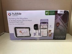 QUANTITY OF ITEMS TO INCLUDE HUBBLE CONNECTED NURSERY PAL SKYVIEW SMART VIDEO BABY MONITOR WIFI CAMERA WITH 5" INCH SCREEN, COT MOUNT, 7 COLOUR NIGHT LIGHT, NIGHT VISION, TWO-WAY TALK, ROOM TEMPERATU