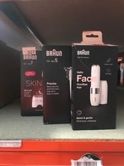 QUANTITY OF ITEMS TO INCLUDE BRAUN SILK-ÉPIL 7 SKINSPA, EPILATOR WITH WIDE HEAD FOR EASY HAIR REMOVAL, WET & DRY, LASTING SMOOTH SKIN, ALL-IN-ONE KIT, 7-081, WHITE/SILVER: LOCATION - D RACK