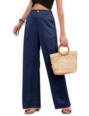 12 X HEEKPEK WOMENS WIDE LEG TROUSERS COTTON LINEN HIGH WAISTED STRAIGHT LEG PANTS SUMMER CASUAL BAGGY TROUSERS FOR DAILY WORK SHOPPING BEACH, NAVY, XXL - TOTAL RRP £150:: LOCATION - H RACK