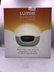 LUMIE BODYCLOCK SHINE 300 - WAKE-UP LIGHT ALARM CLOCK WITH RADIO, 15 SOUNDS AND SLEEP SUNSET, WHITE.: LOCATION - A RACK