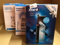 QUANTITY OF ITEMS TO INCLUDE ORAL-B PRO 3 ELECTRIC TOOTHBRUSH FOR ADULTS, 1 CROSS ACTION TOOTHBRUSH HEAD & MONDRIAN TRAVEL CASE, 3 MODES WITH TEETH WHITENING, 3500: LOCATION - A RACK