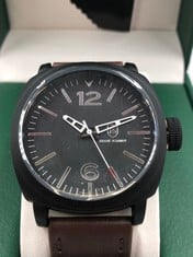 MENS FRANK SCHMIDT WATCH - LARGE BLACK CASE - WHITE PILOT DIAL - 3ATM WATER RESISTANT - RRP £290: LOCATION - TOP 50 RACK