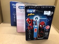 QUANTITY OF HEALTH & BEAUTY ITEMS TO INCLUDE ORAL-B PRO KIDS ELECTRIC TOOTHBRUSH, 1 TOOTHBRUSH HEAD, X4 SPIDERMAN STICKERS, 1 TRAVEL CASE, 2 MODES WITH KID-FRIENDLY SENSITIVE MODE, FOR AGES 3+ BLUE: